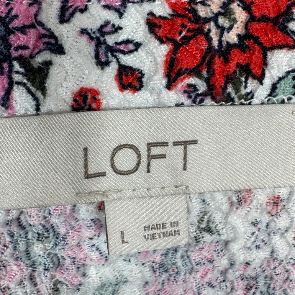 Loft Bloom Floral Textured Smocked Stretch Square Neck Top‎ White Multi Large